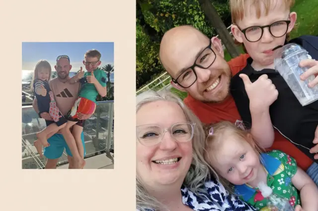 Duas fotos: à esquerda, Ciaran com os filhos; à direita, com a companheira e os filhos