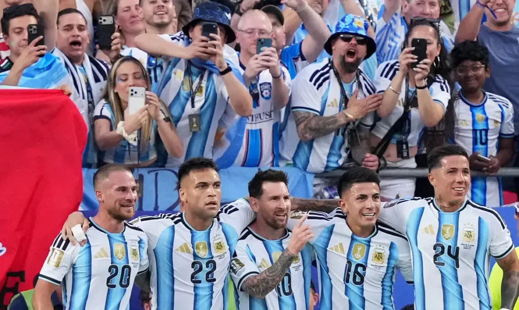 Soccer Football - FIFA World Cup 2026 - Group J - Argentina v Algeria - Kansas City Stadium, Kansas City, Missouri, U.S. - June 16, 2026 Argentina's Lionel Messi celebrates scoring their first goal with Alexis Mac Allister, Lautaro Martinez, Thiago Almada and Enzo Fernandez IMAGN IMAGES via Reuters/Jay Biggerstaff